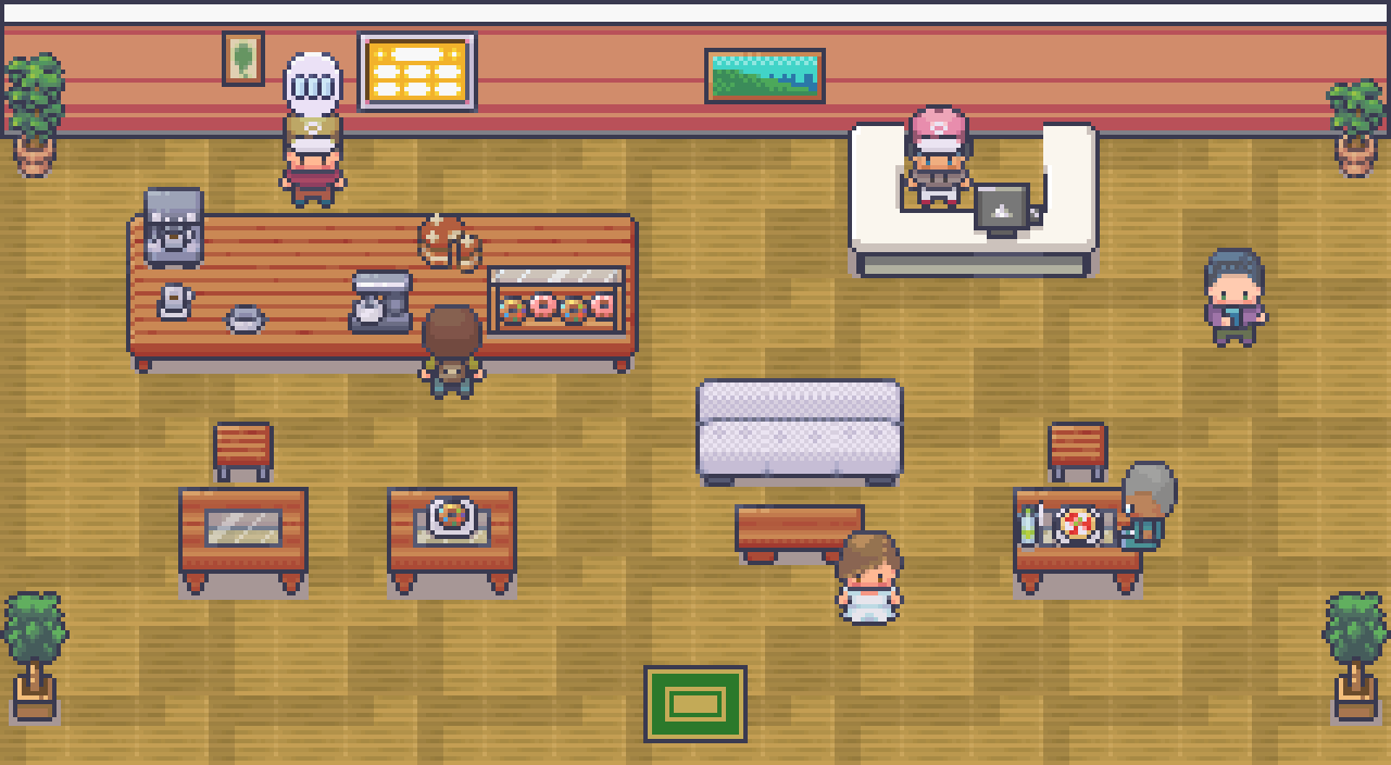 Tela do jogo Bean There Café: a cafeteria com os personagens
